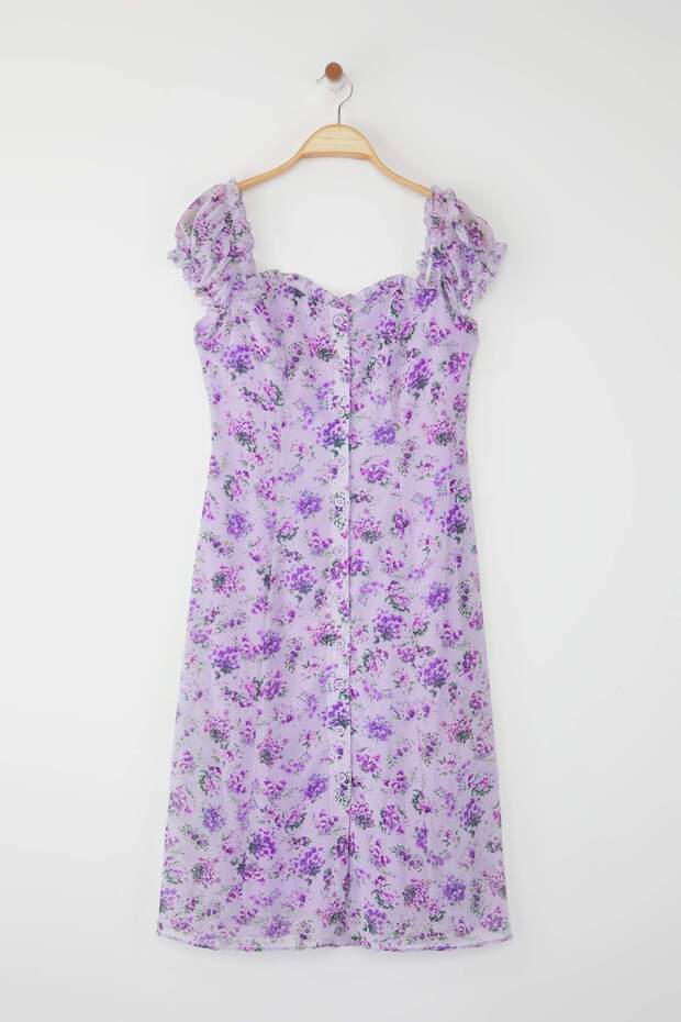 Lila Çiçekli Astarlı Şifon Uçuş Uçuş Dokuma Midi Gömlek Elbise TWOSS25EL00563 - 5