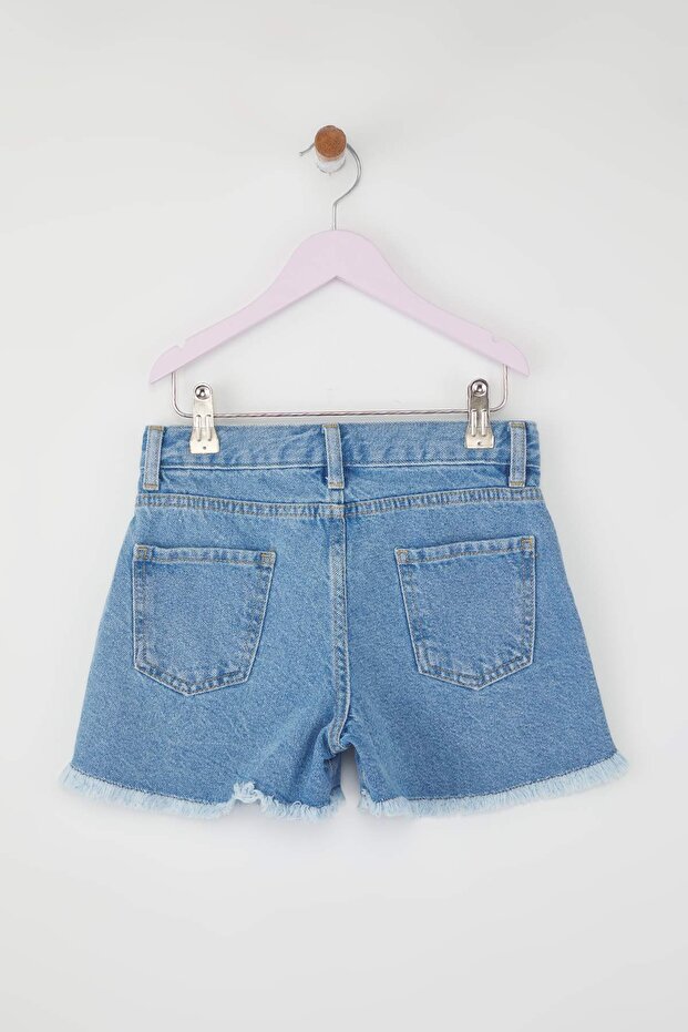 Açık Mavi Kız Çocuk 1 23 Nisan PamukYıldız Detaylı Lastikli Denim Şort & - 7