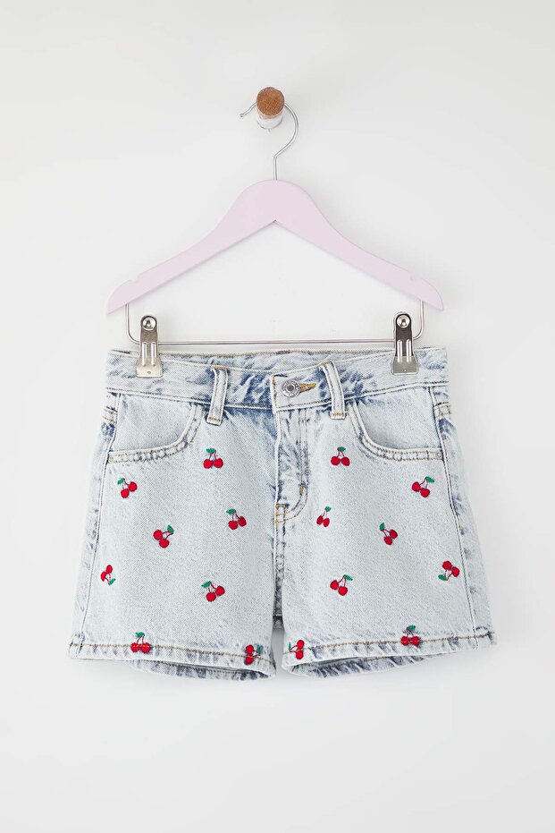 Mavi Kız Çocuk 1 Pamuk 23 Nisan Kiraz Nakışlı Lastikli Denim Şort & Bermuda TKDSS25SR00036 - 3