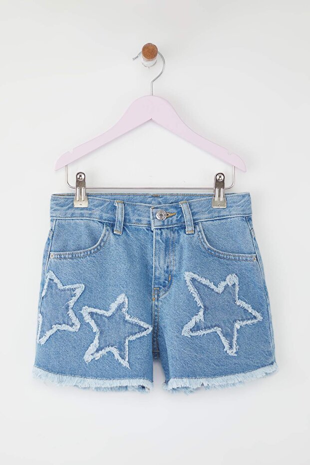 Açık Mavi Kız Çocuk 1 23 Nisan PamukYıldız Detaylı Lastikli Denim Şort & - 5