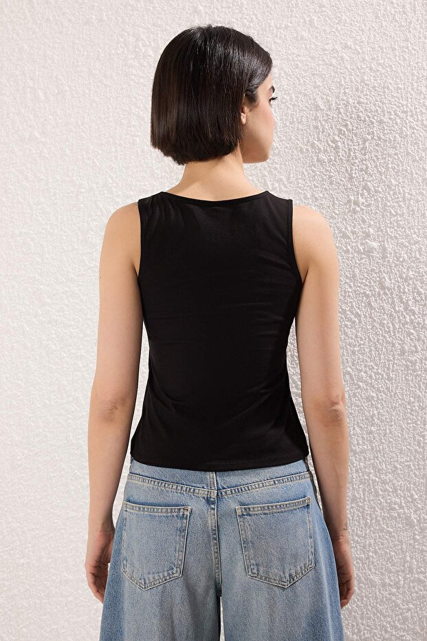 Siyah Çift Taraflı fermuarlı Fitted Kolsuz Esnek Örme Bluz TWOSS25BZ00567 - 4