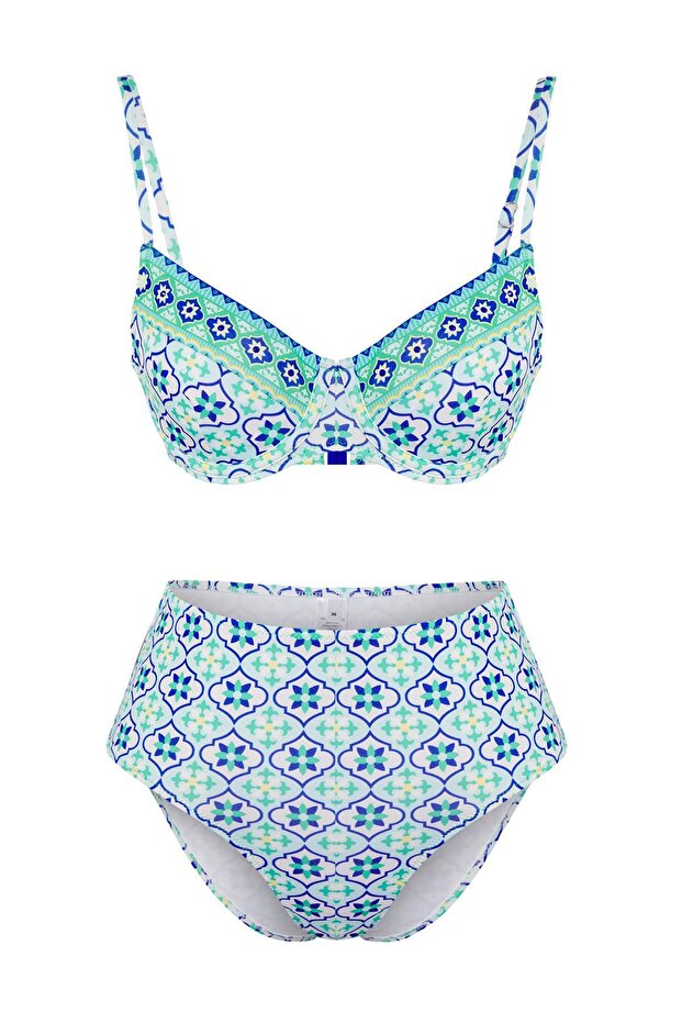 Çini Desenli Taş Baskı Balconette Kaplı Hipster Yüksek Bel Bikini Takımı TBESS25BT00142 - 5