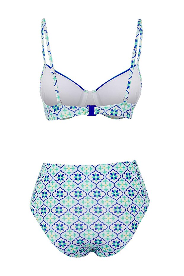 Çini Desenli Taş Baskı Balconette Kaplı Hipster Yüksek Bel Bikini Takımı TBESS25BT00142 - 6