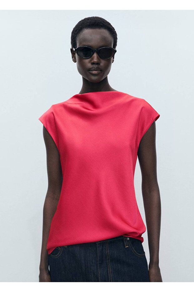 Drape yakalı saten bluz - 5