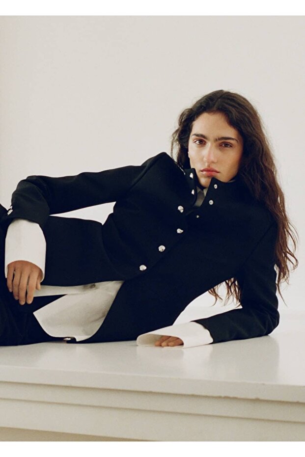 Mücevher düğmeli şerit yakalı ceket - 7