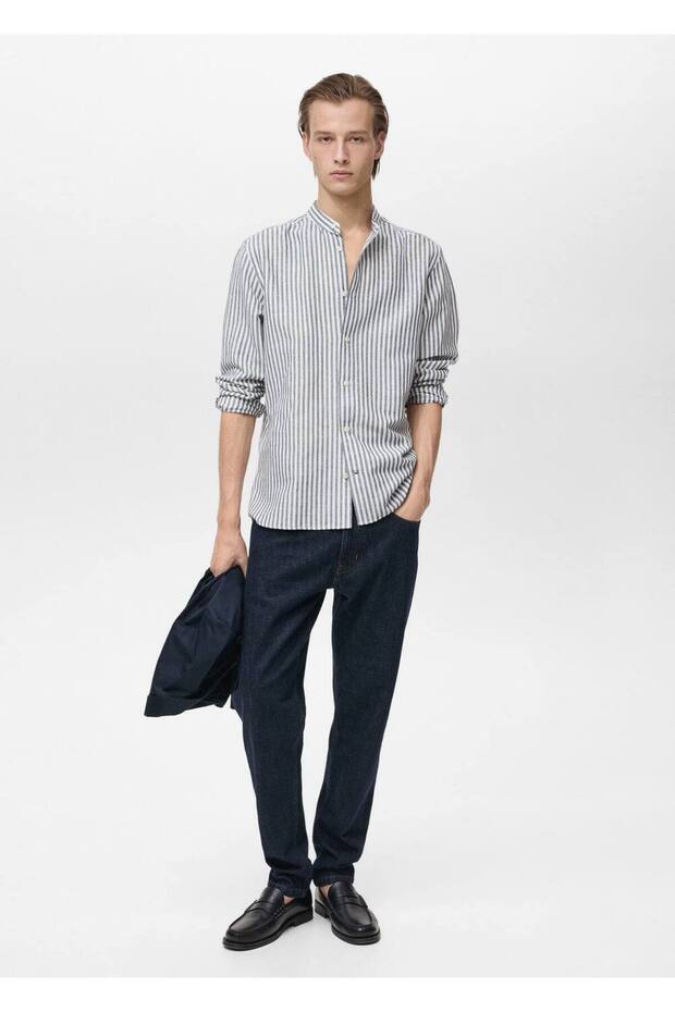 Rahip yaka çizgili keten gömlek - 2