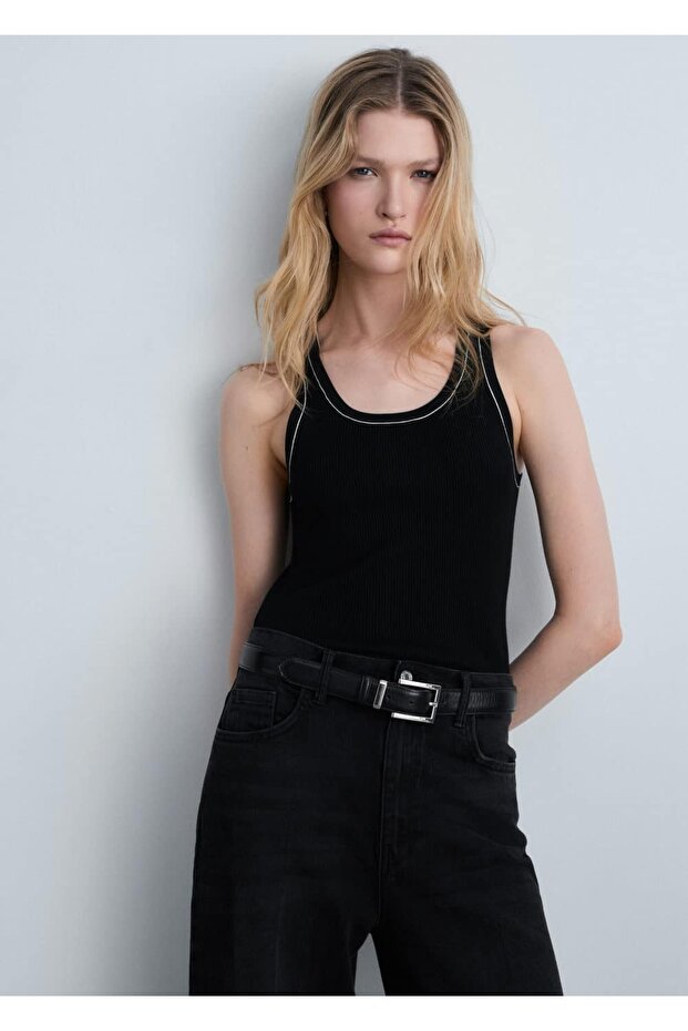 Kontrast süslemeli ribana bluz - 1