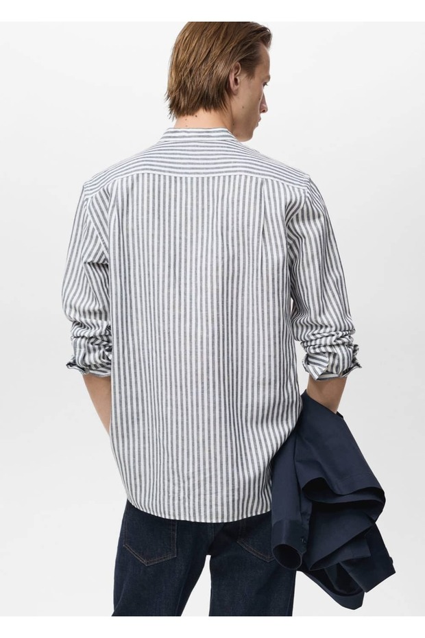 Rahip yaka çizgili keten gömlek - 4