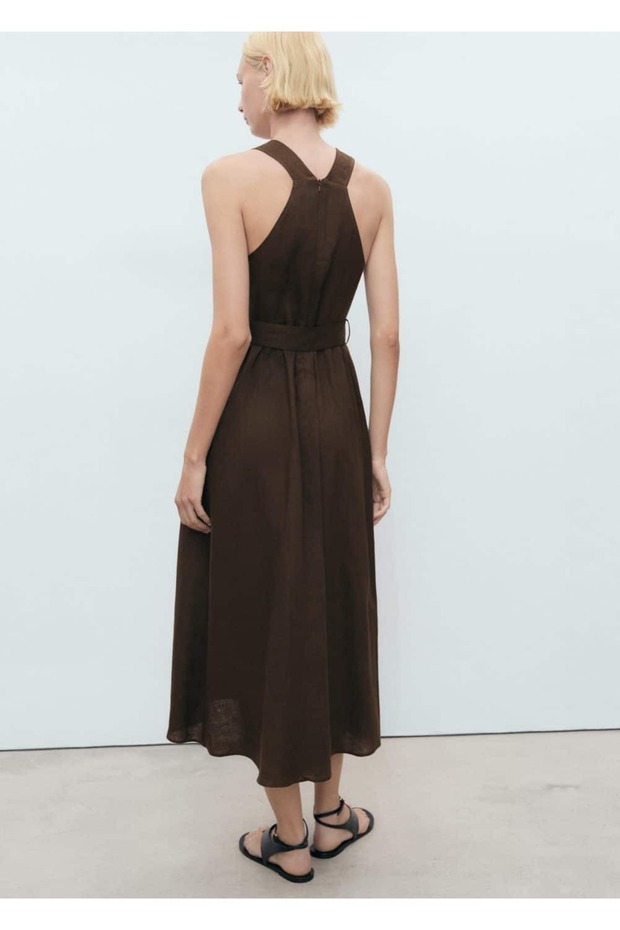 Kemerli keten elbise - 4