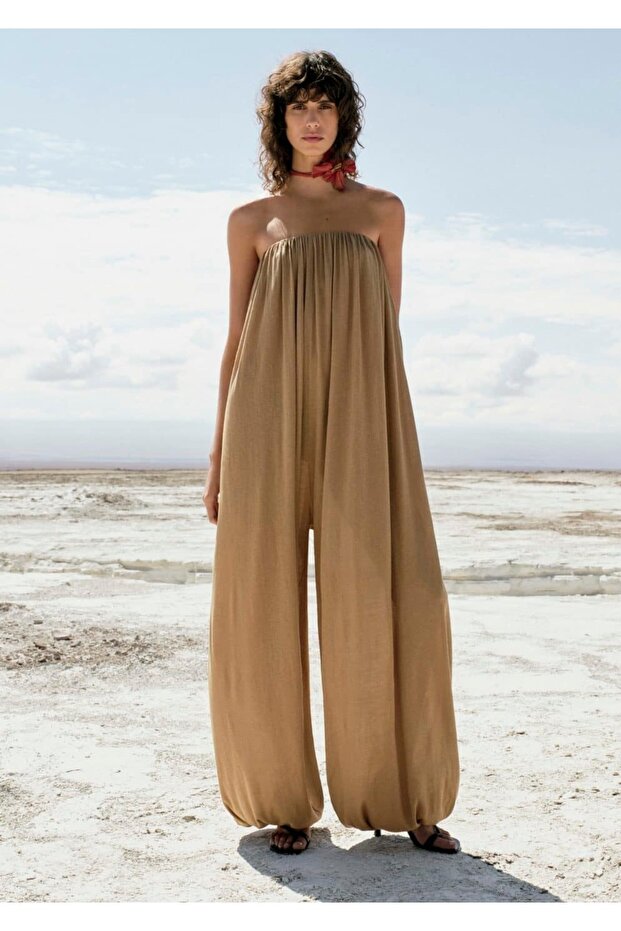 Kabarık paçalı straplez tulum - 8