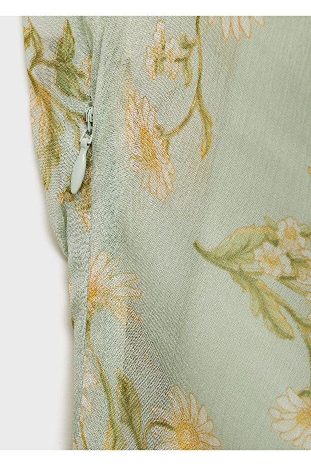 Yarı Saydam Drape Çiçekli Elbise - 5