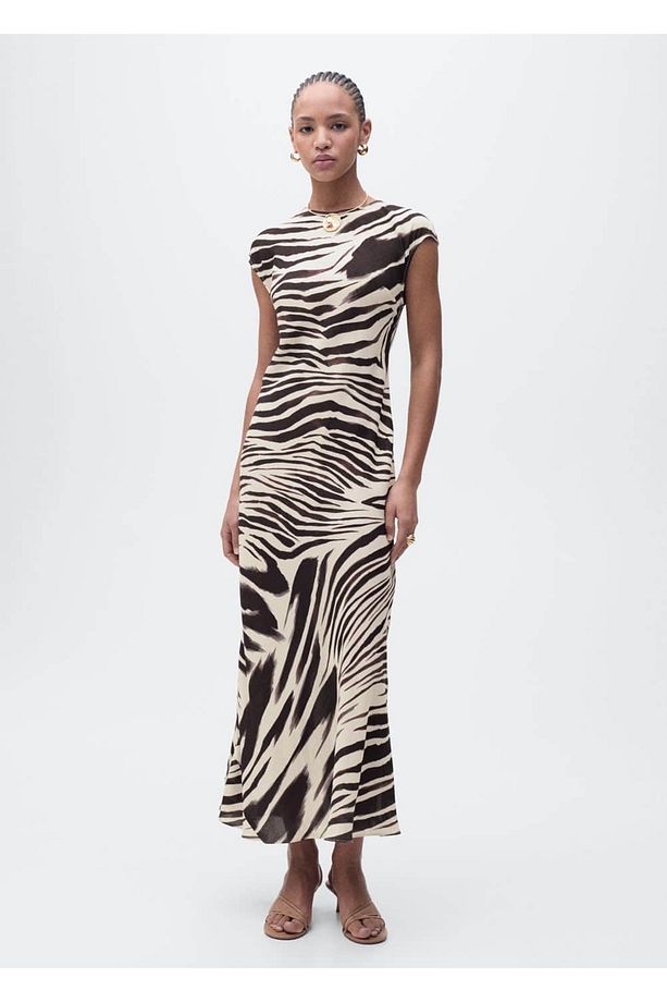 Zebra desenli midi elbise - 2