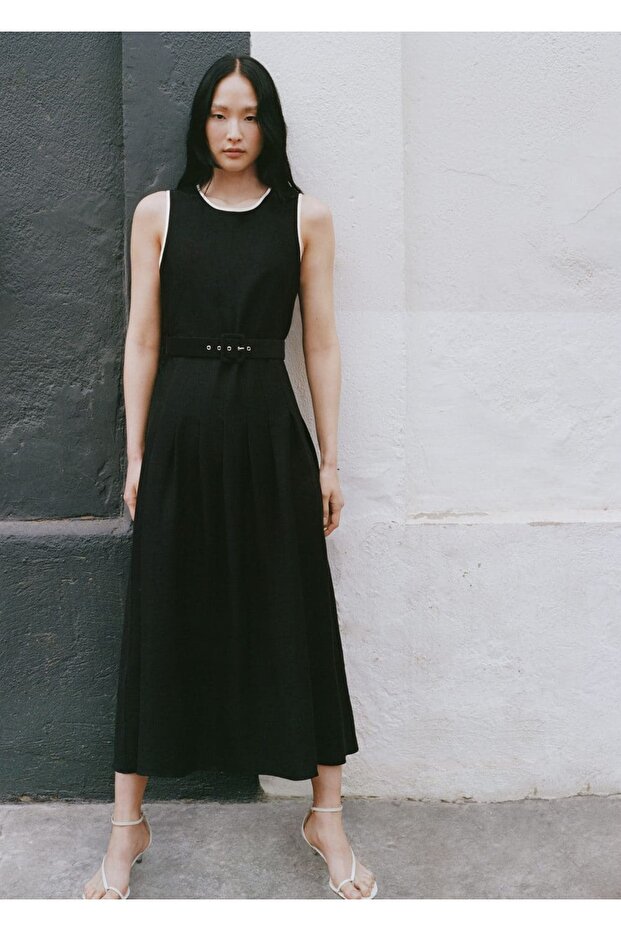 Kemerli Flared Midi Elbise - 5