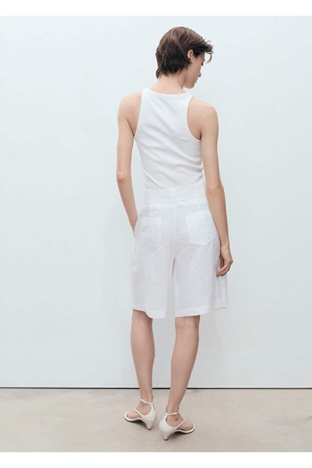 Keten karışımlı kemerli bermuda şort - 4