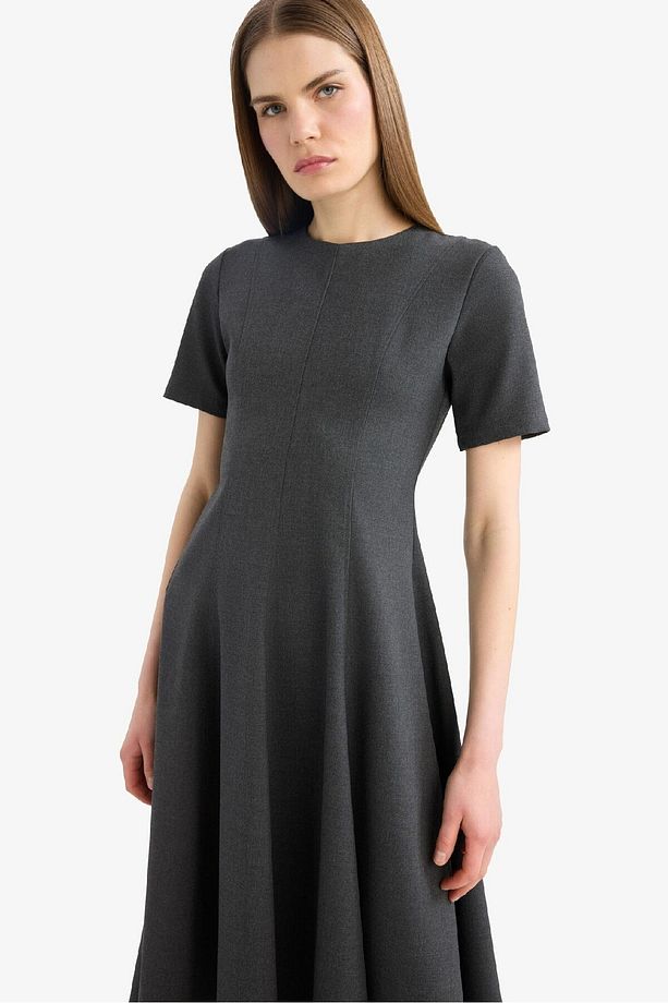 Bisiklet Yaka Basic Düz Kısa Kollu Midi Yazlık Elbise F3816ax25sm - 5