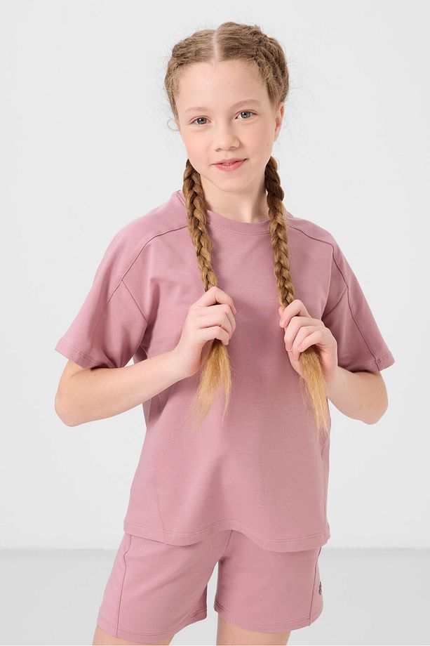 Gül Kurusu Pamuklu Yumuşak Dokulu Standart Fit Basic Kız Çocuk Şort Takım - 75184 - 7
