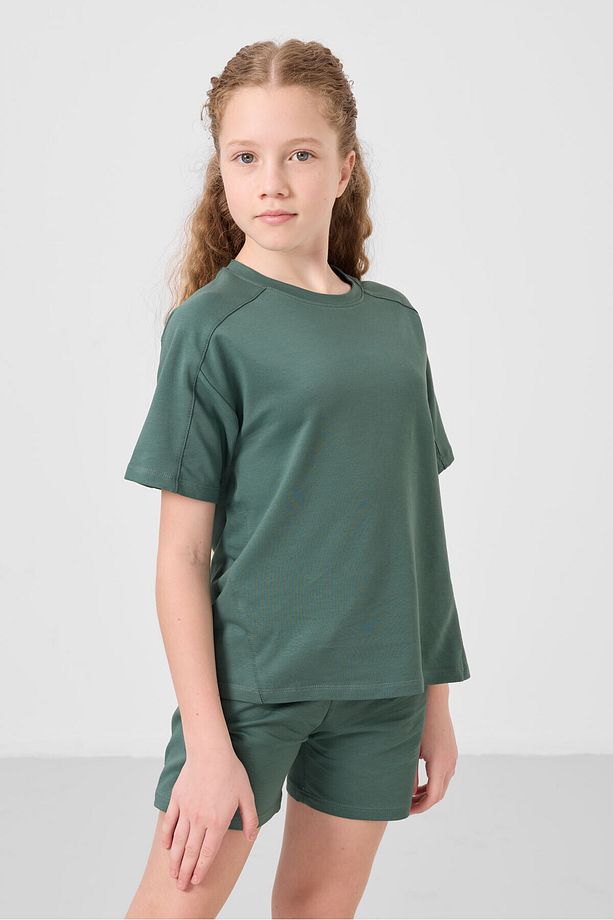 Açık Yeşil Pamuklu Yumuşak Dokulu Standart Fit Basic Kız Çocuk Şort Takım - 75184 - 4