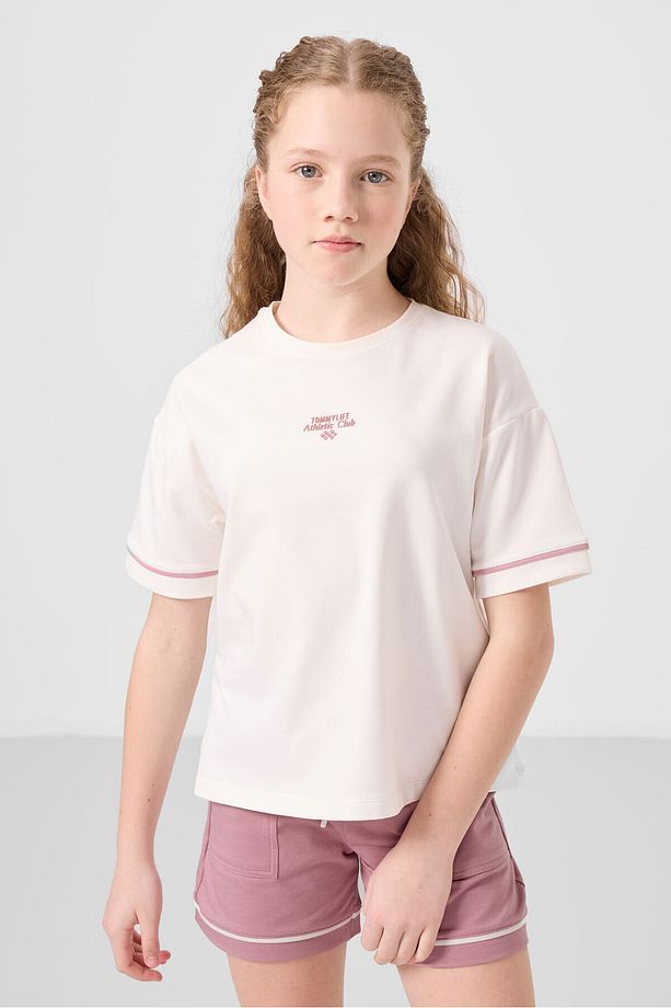 Ekru-Gül Kurusu Pamuklu Yumuşak Dokulu Standart Fit Basic Kız Çocuk Şort Takım - 75183 - 4