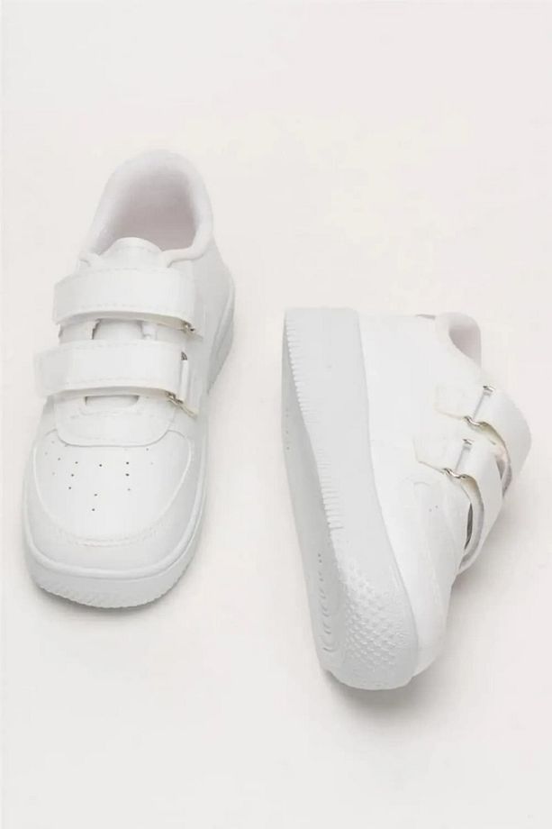Günlük Erkek Kız Çocuk Beyaz Sneaker Cırtlı Çift Şeritli Rahat Hafif Spor Ayakkabı - 6