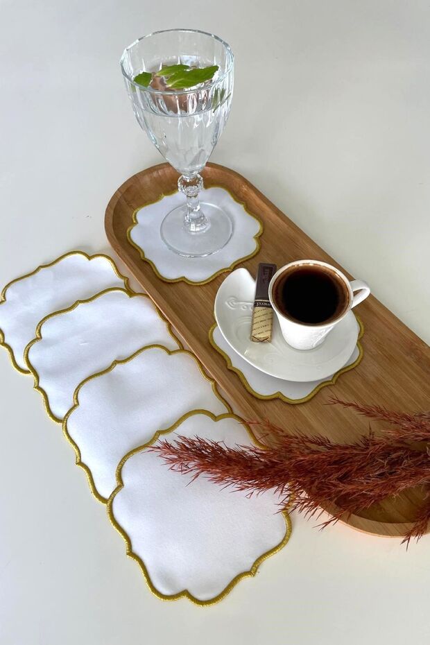 Embroidered Coffee Side Presentation Napkin 6 Pieces Cocktail Napkin & Coaster & Presentation Holder