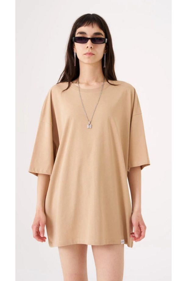 Kadın Basic Pamuklu Süprem Oversize Bej Tişört - 3