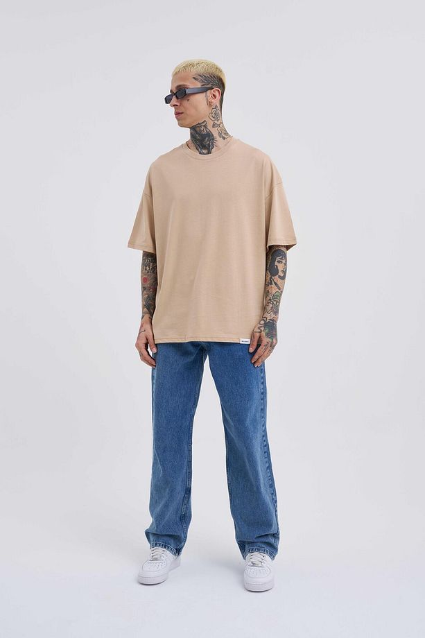 Erkek Basic Super Pamuklu Oversize Bej Tişört - 6