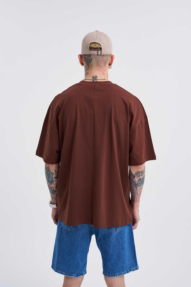 Erkek Basic Super Pamuklu Oversize Çikolata Tişört - 3