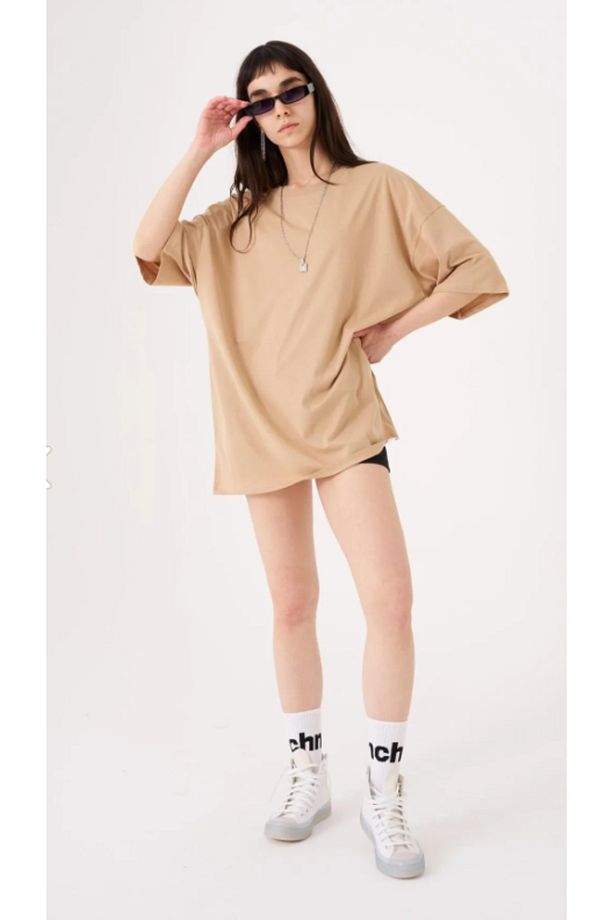 Kadın Basic Pamuklu Süprem Oversize Bej Tişört - 1