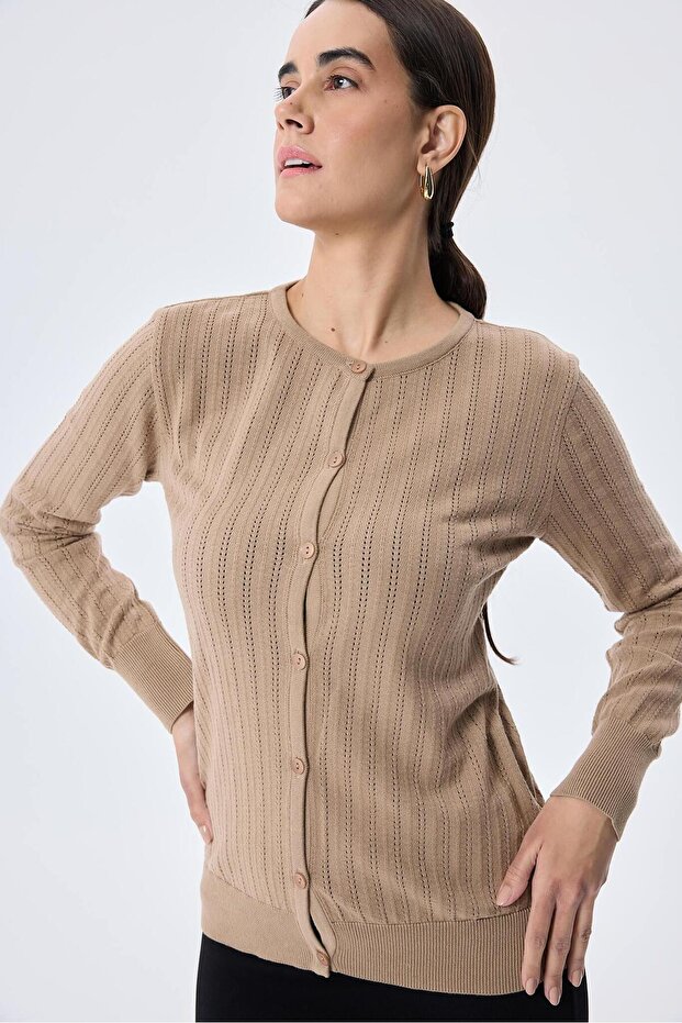 Celine, Ajur Örgülü Kadın Triko Hırka - KAMEL - 6