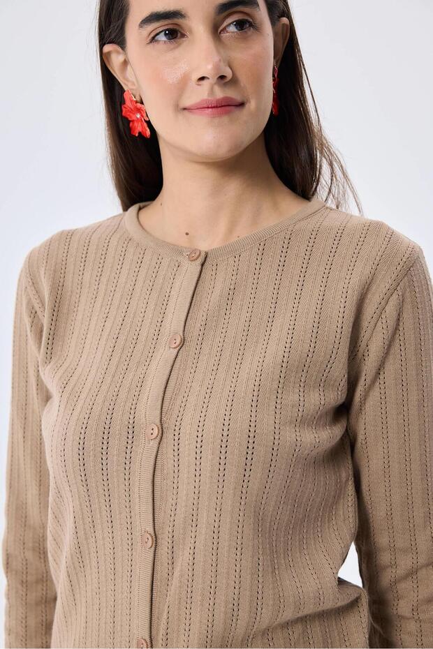 Celine, Ajur Örgülü Kadın Triko Hırka - KAMEL - 4