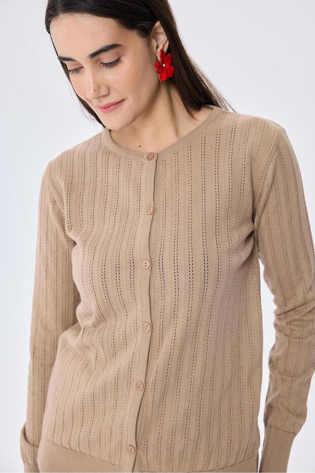 Celine, Ajur Örgülü Kadın Triko Hırka - KAMEL - 3