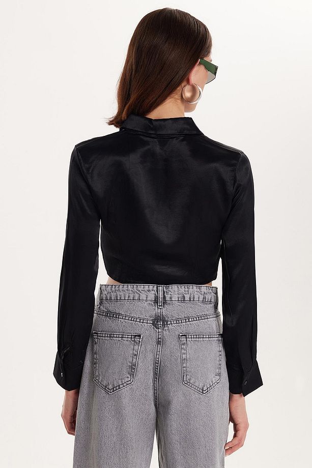 Kadın Slim Fit Dar Kesim Uzun Kollu Klasik Yaka Siyah Gömlek - 5