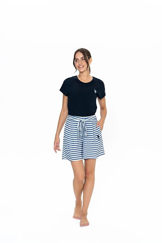 Women's Round Neck Bottom Top Lace-Up Striped Pajama Shorts Set Relaxed Short Legs