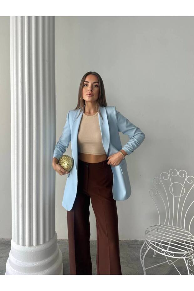 Women's Baby Blue Gathered Blazer Jacket