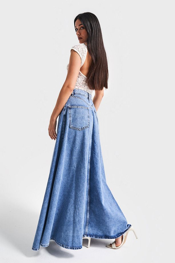 Kadın Mavi Renk 1s5-4 Maxi Boy 103cm A Tipi Çan Kesim %100 koton Süper Uzun Denim Etek - 2
