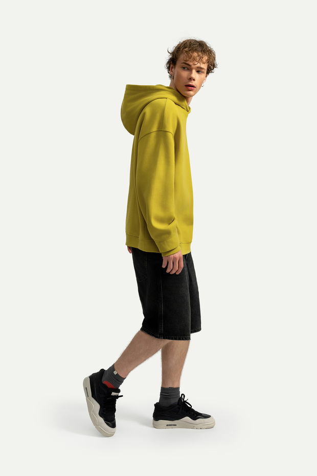 Erkek Basic Relax / Oversize Hoodie Sweatshirt - Houd - Moss - 4