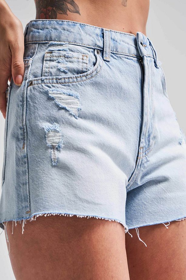 Kadın Snow Kot Rengi 10s5-3 Mini Boy Yırtık Detaylı Püsküllü Paça %100 Koton Denim Şort - 2