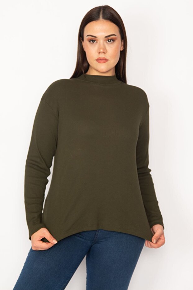 Women's Large Size Khaki High Collar Lycra Blouse 65n30162