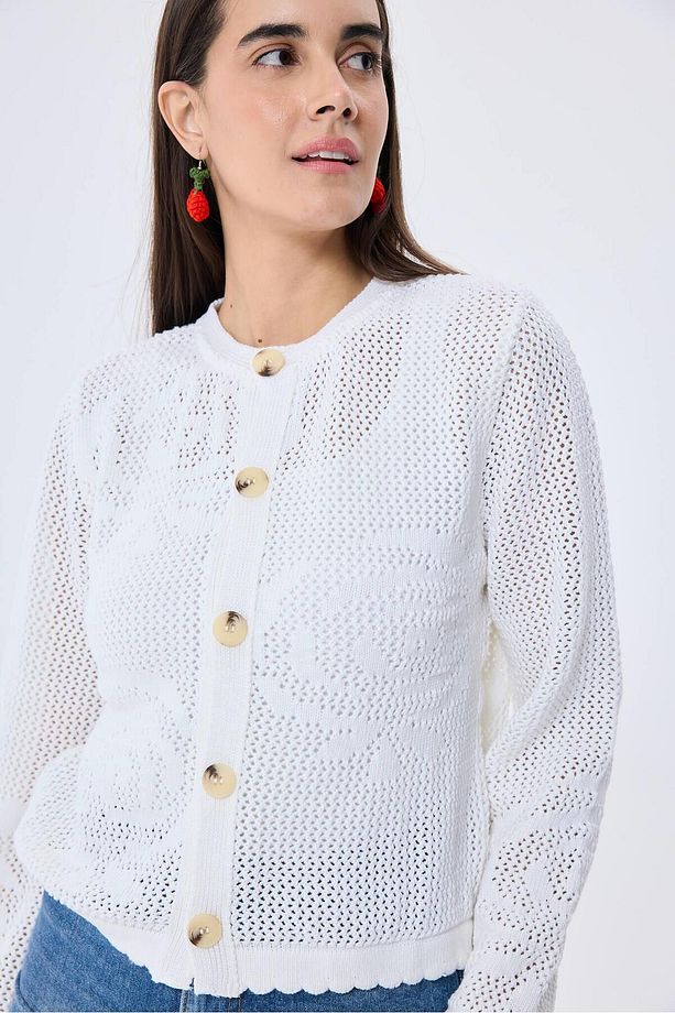 Helena, Kroşe Örgü, Kadın Yazlık Triko Hırka - KREM - 6