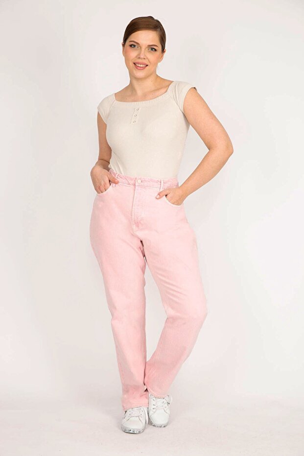 Women's Pink Large Size 5 Pockets Lycra Free Jeans 65n36037