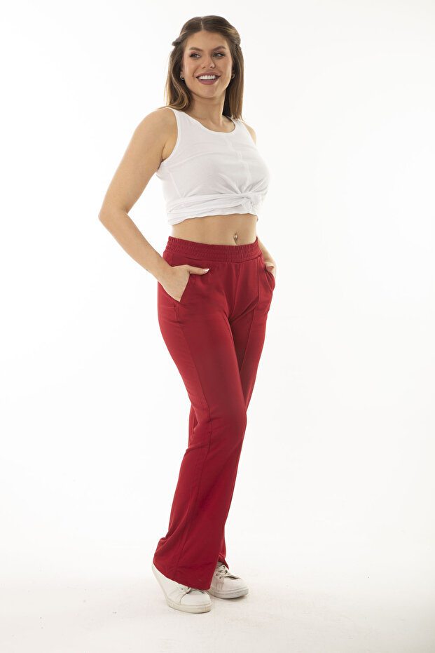 Women's Large Size Claret Red Side Pocket Elastic Waist Wide Leg Tracksuit Bottom 65N37055