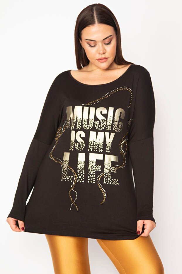 Women's Large Size Black Lacquer Print and Stone Back Detailed Tunic with Gathered Sides 65n29489