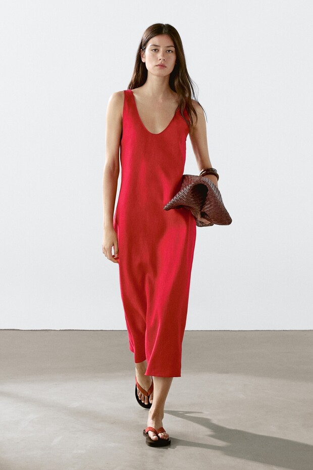 %100 keten bisiklet yaka midi elbise - 1