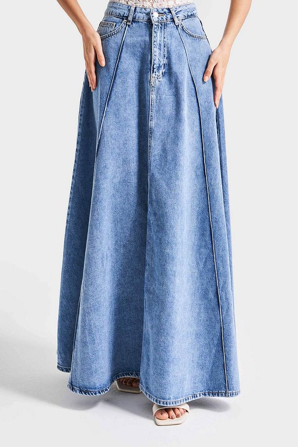 Kadın Mavi Renk 1s5-4 Maxi Boy 103cm A Tipi Çan Kesim %100 koton Süper Uzun Denim Etek - 3
