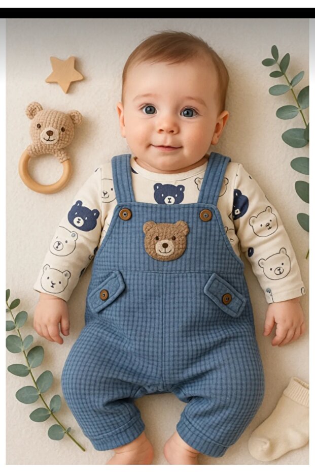 Bear Patterned Baby Boy Jumpsuit 3-Piece Jumpsuit Set (Zıbın Jumpsuit Socks) 3-6-9 Months Baby Outfit