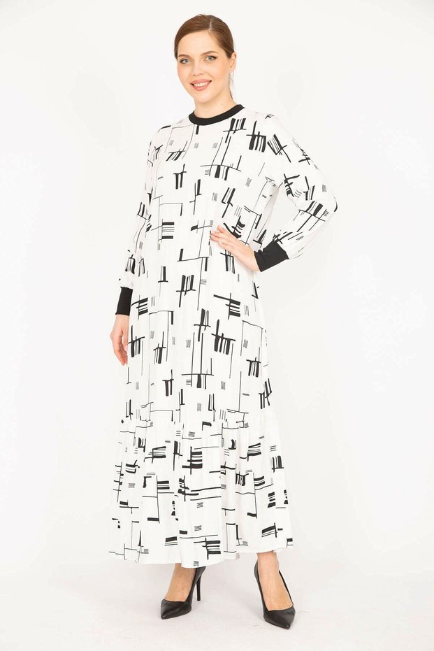 Women's Bone Woven Viscose Fabric Collar and Sleeve Ribbed Long Dress 65n35966
