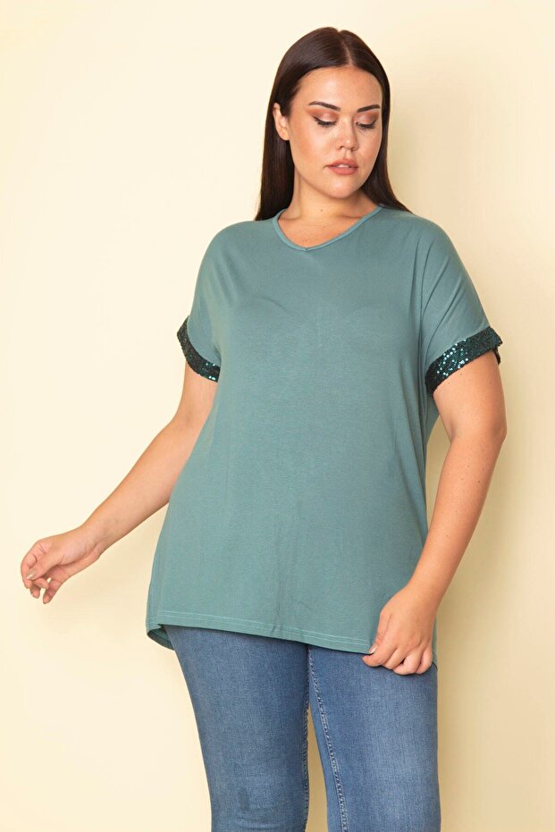 Women's Large Size Green Sleeves Sequin Detailed V-Neck Viscose Blouse 65n28743