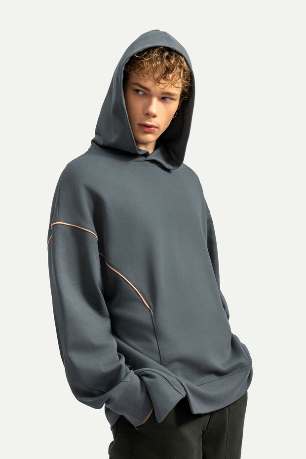 Erkek Basic Relax / Oversize Hoodie Sweatshirt - Hugraf - Storm - 3