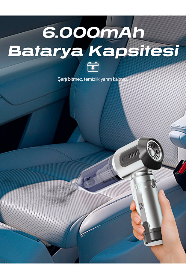 AHV-14 2'si 1 Arada Kablosuz Araç İçi Süpürge Gümüş | 18000PA Güçlü Vakum + Üfleme | Cam Kırıcı - 4