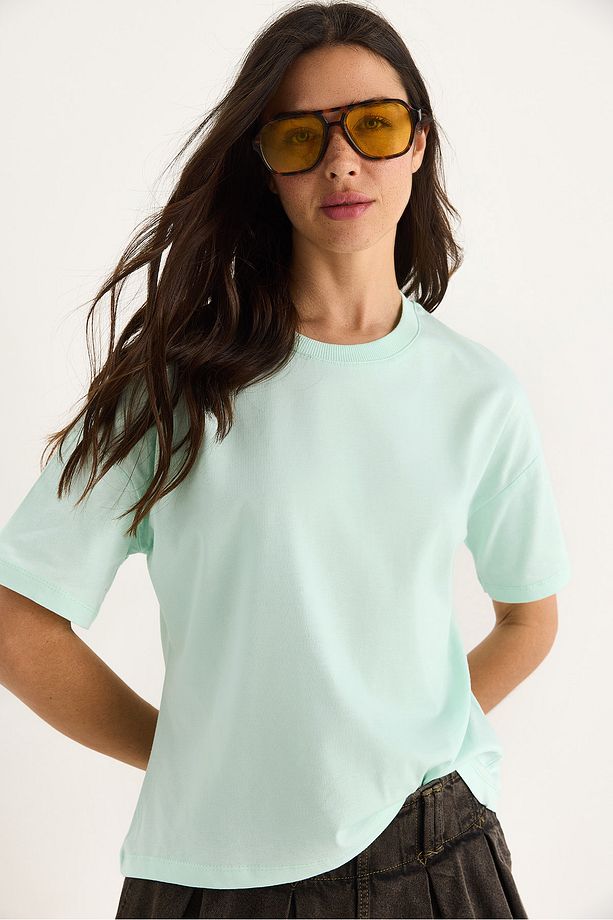 Kadın %100 Organik Pamuk Relaxed Fit Yuvarlak Yakalı T-shirt 60602050 - 1